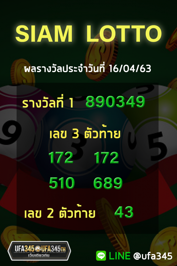ผลรางวัล Siam Lotto งวดประจำวันที่ 16/04/63